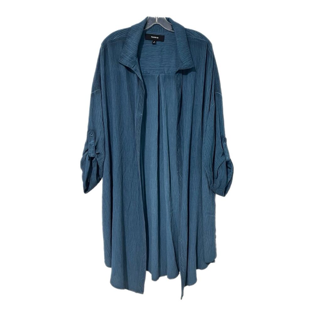 Torrid Women Open Front Cardigan Size 3X Boho Duster Blue Roll Tab Long sleeves